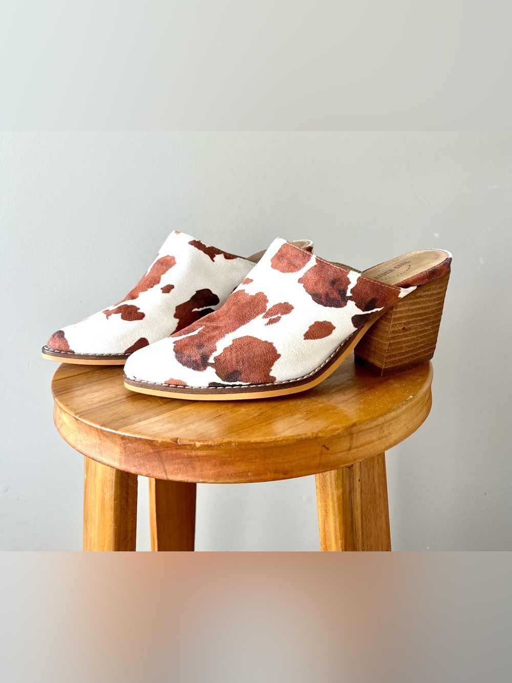 Women's Cowprint Leather Mules in Brown and White